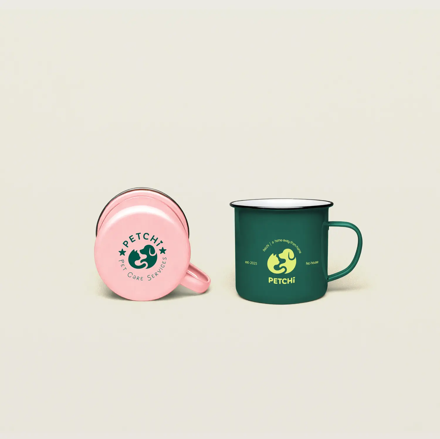 Pink and forest-green Petchi cups from the supplied final brand mockup